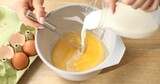 Add milk and beat with eggs and flour. Cooking butter for baking. Making faffels or pancakes. Food preparation.
