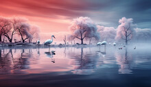 Storks In A Lake At Sunset. AI Generated
