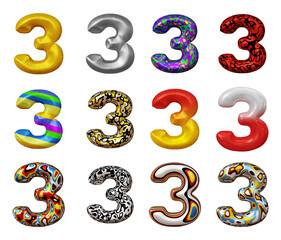Fototapete - Set of number 3 in 3d rendering isolated on transparent background for math, business and education concept