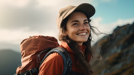 Sticker - young woman climbs to the top of the mountain with a backpack and smiles happily at the achievements of hiking. generative AI