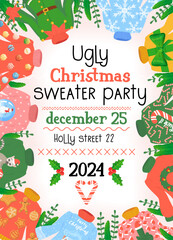 ugly sweater party invitation. Christmas winter sweaters with different ridiculos design, DIY vibe.