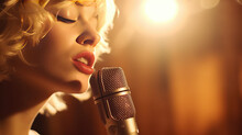 A Young Beautiful Blonde Woman With Red Lips Sings Into A Retro Microphone. Vintage Pin Up Style. 