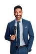 Tv host cheerful man posing over white transparent background