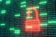 Open red padlock in wireframe style in front of a wall of blue numerical digits having some highlighted in green. Illustration of computer networking security and data protection from hackers