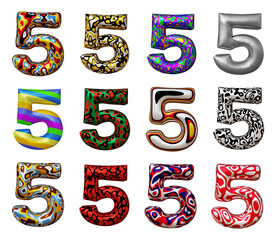 Fototapete - Set of number 5 in 3d rendering isolated on transparent background for math, business and education concept