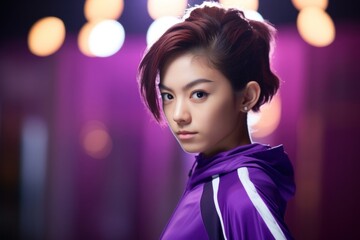 An Asian teenage female athlete in a slow standstill closeup pose her short hair curled in an exotic style while her purple jersey pops against the defocused sport background.