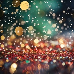 Wall Mural - colorful bokeh light glitter with gold, green and red on blue Christmas background. 