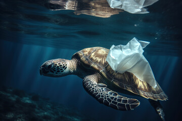 Wall Mural - Turtle near a plastic bag