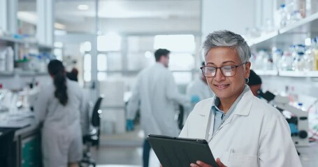 Wall Mural - Science, students in laboratory with tablet, mentor and discussion for teaching, learning or analysis. Science, medical research study and woman lab technician with digital app for data development.