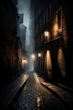Fototapeta Uliczki - A misty evening scene capturing a deserted, narrow alleyway with old lampposts casting an eerie glow on the wet cobblestones.
