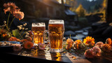 Werbebanner für den glücklichen Bier Tag, Oktoberfest oder Wiesen, Krügen erfrischender Getränke. Bayerisches Bier. Bayern, Bayerisch, Weizen, Hefe oder Weißbier, Wies