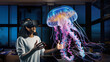 Woman wearing AR/VR goggles to view a 3D model of a jellyfish at home in her living room