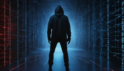 Poster - Anonymous hacker in black hoodie with network of glowing data and intricate code