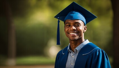 Sticker - Handsome young african american graduate - blue cap, bokeh nature background, graduation success, happy student