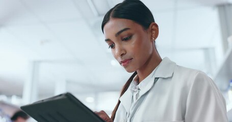 Wall Mural - Woman, scientist and tablet in research, data analysis or results for new discovery in science at laboratory. Female person, medical or healthcare professional working on technology in scientific lab