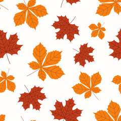 Poster - Seamless autumn pattern with red and gold leaves on a white background