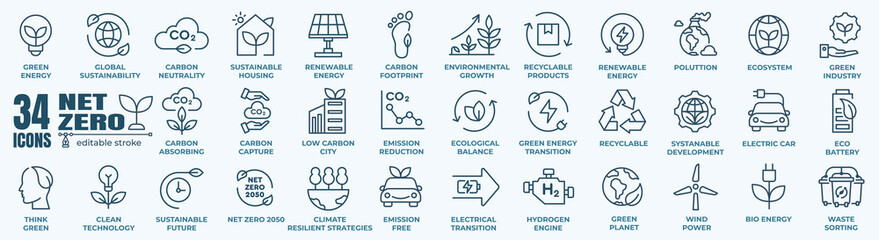 net zero, eco, sustainable development editable stroke outline icons set isolated on white background flat vector illustration. Pixel perfect. Editable line