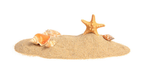 Beautiful sea star, shells and sand isolated on white