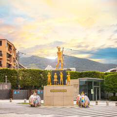 Sticker - Nagasaki, Japan - Nov 29 2022: The Statue in Memory of School Children and Teachers at Nagasaki Atomic Bomb Museum, dedicated to children and teachers died the Nagasaki atomic bombing.