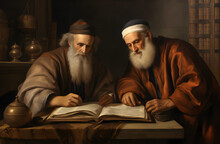 Two Elderly Scholars Studying A Religious Text, 17th Century Painting. Generative AI.