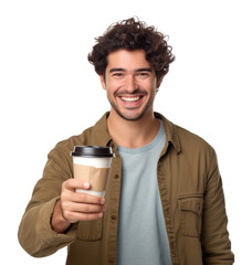 Wall Mural - Man With Paper Cup of Coffee Isolated on Transparent Background
