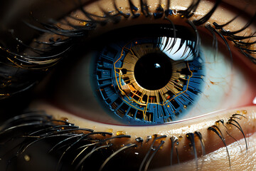 Poster - the concept of a cybernetic eye of the future with technologies embedded in the iris and pupil