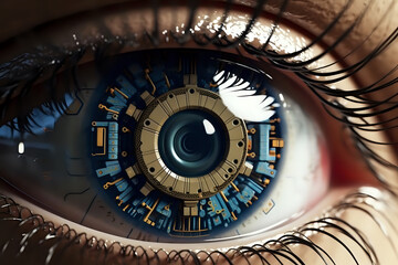 Poster - the concept of a cybernetic eye of the future with technologies embedded in the iris and pupil