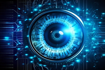 Poster - cyber security concept, cybernetic blue eye with technology futuristic background for web pages and 