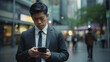 ビジネス街・都会でスマホ・スマートフォン・アプリを見るビジネスマン
