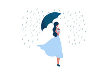 Beautiful Woman Holding Umbrella In Raining Day Vector Illustration	