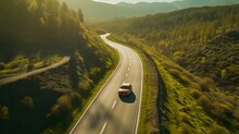 Aerial View Of Car Driving On The Road Going Through Green Trees And Bushes During Sunny Day, AI Generative
