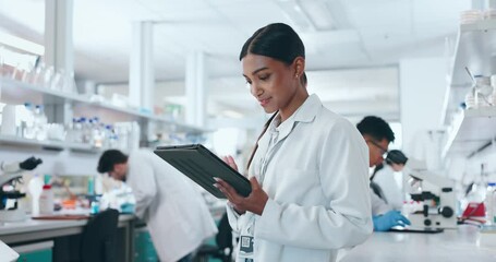 Canvas Print - Woman, scientist and tablet in research, study or new discovery together at science laboratory. Happy female person, medical or healthcare worker smile with technology in data or scientific tests