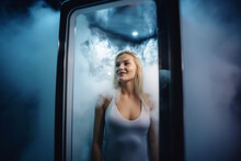 Young Woman In Full Body Cryotherapy Cabin, Steam Room Or Shower. AI