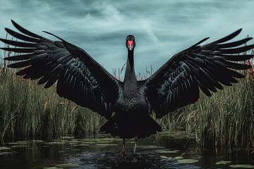 Wall Mural - Image of black swan spreads its wings gracefully in a meadow in a marshy forest. Wildlife Animals. Illustration, Generative AI.