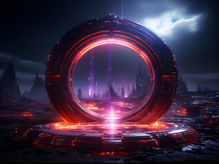 Futuristic technology tunnel with glowing lights and city in the background