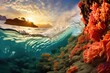 A wave crashes over a coral reef at sunset. Generative AI.