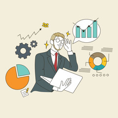 Poster - Vector outline illustration of a businessman with a laptop and charts on the background
