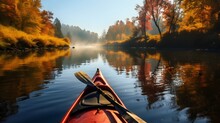 Kayak Sailing Down A River On A Sunny Autumn Day Against Yellow Foliage Trees And Fog Reflected In The Water. Exploration Of Wild Pristine Nature And Wanderlust Concept. AI Generative