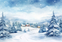 Winter Landscape With Village Cozy Houses And Fir Trees In Snow In Watercolor Style. Holiday Digital Watercolor Illustration For Design On Christmas And New Year Card, Poster Or Banner. Generative AI.