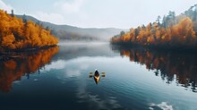 Person Rowing On A Calm Lake In Autumn, Aerial View Only Small Boat Visible With Serene Water Around - Lot Of Empty Copy Space For Text. Generative AI