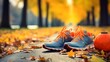 sport shoes water and dumbbells laid on a path in a tree autumn alley with maple leaves, accessories for run exercise or workout activity, AI Generative