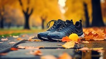 Sport Shoes Water And Dumbbells Laid On A Path In A Tree Autumn Alley With Maple Leaves, Accessories For Run Exercise Or Workout Activity, AI Generative