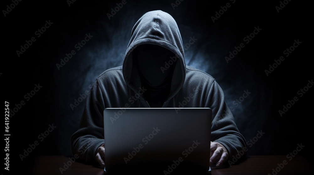 Person with Hidden Face and Laptop Engaged in Dark Cyber Work in a ...