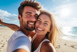 Fototapeta Do akwarium - Generative AI : Image of young happy man kissing and hugging beautiful woman while taking selfie photo on sunny beach