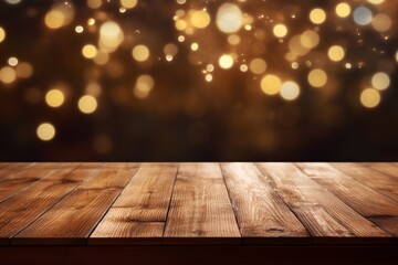 Poster - Generative AI : background Image of wooden table in front of abstract blurred restaurant lights
