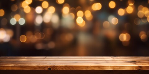 Poster - Generative AI : background Image of wooden table in front of abstract blurred restaurant lights