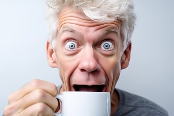 Funny excited middle aged man drinks a morning coffee. Generative AI