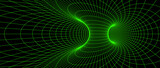 Fototapeta Perspektywa 3d - Wormhole wireframe structure. Neon geometric lattice grid tunnel backdrop. 3D funnel or vortex texture. Green abstract lines on dark background. Vector illustration wallpaper