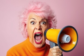 Funny crazy elderly woman shouts loudly into a megaphone. Generative AI