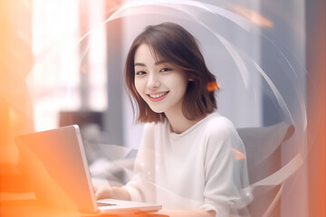 Wall Mural - Amidst vivid orange light effects, a young technologist woman works diligently on her laptop indoors, seamlessly blending technology into her life. Generative AI.